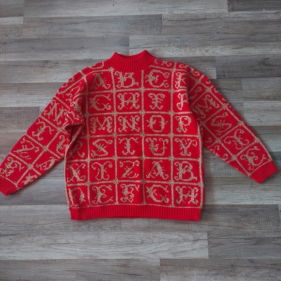 Vintage Red Gold Alphabet Mock Neck Sweater Medium - Picture 2 of 8